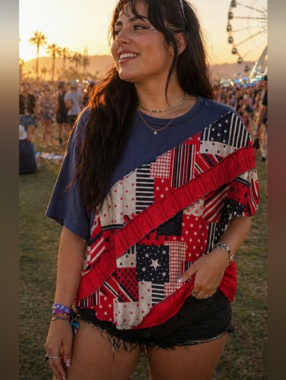 Haptics KFab Designs Blue Red  White Patriotic Patchwork Short Sleeve Tee Large